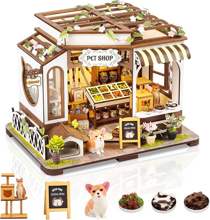 DIY Miniature House Kit,Pet Shop Dollhouse Miniature Kit with LED & Furniture - Image 4